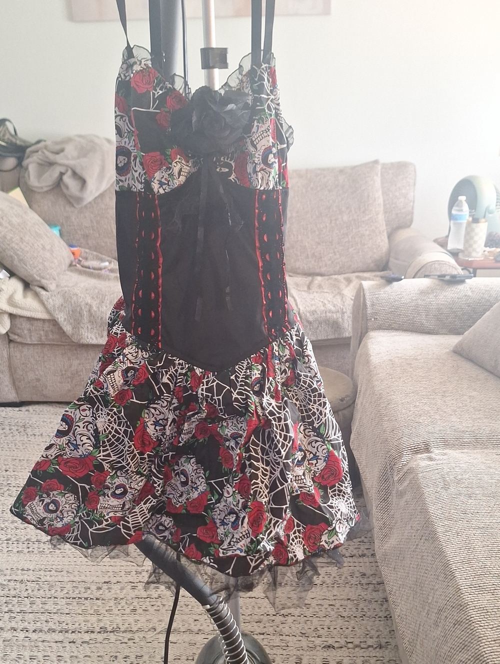 Lip Service Black and Red Rose Skull Fit-and-Flare Dress for Girls